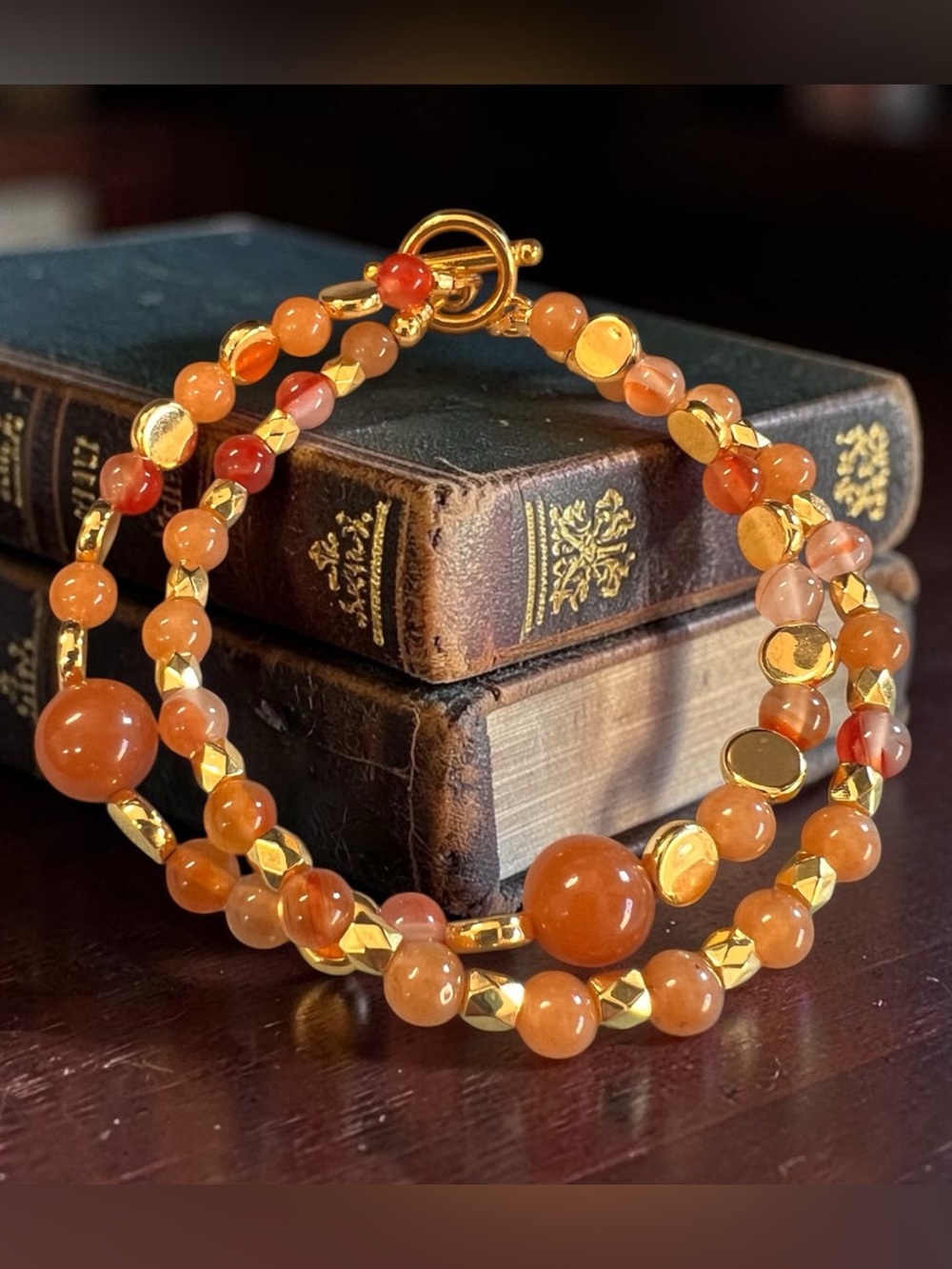 Artisan Carnelian Double Strand Beaded Women's Bracelet Elegant Orange Beads